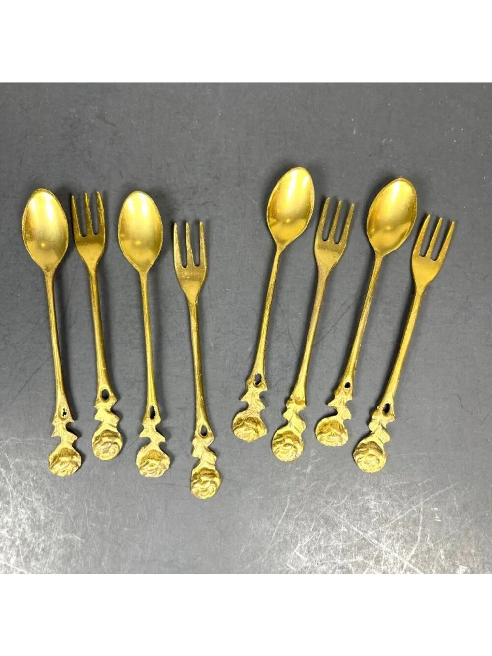 Vintage Gold Color Rose Handle Demitasse Coffee Spoon Dessert Salad Fork 8 pc